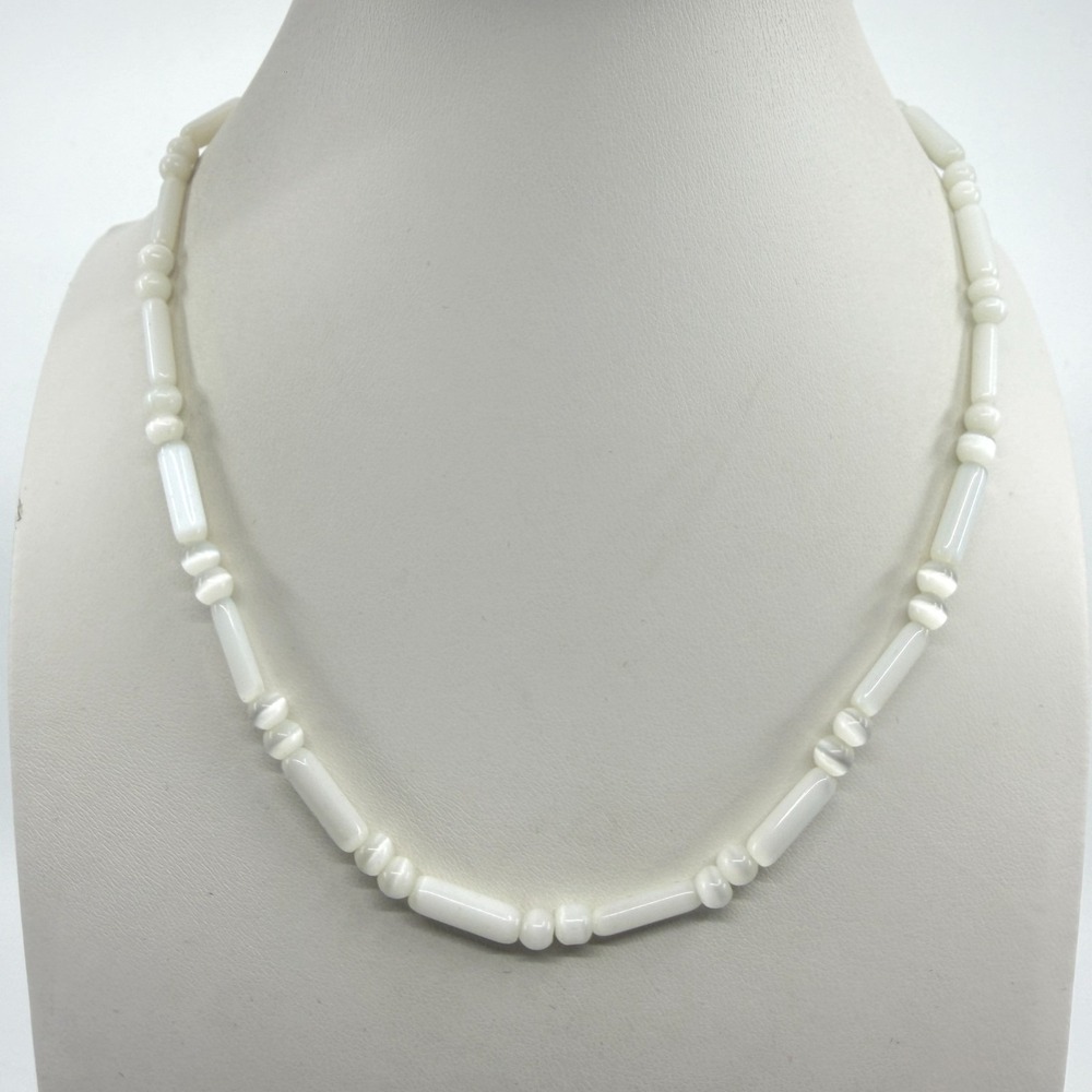 White Beaded Necklace Cat Eye Effect Cylinder Round Beads Minimalist Boho Chic